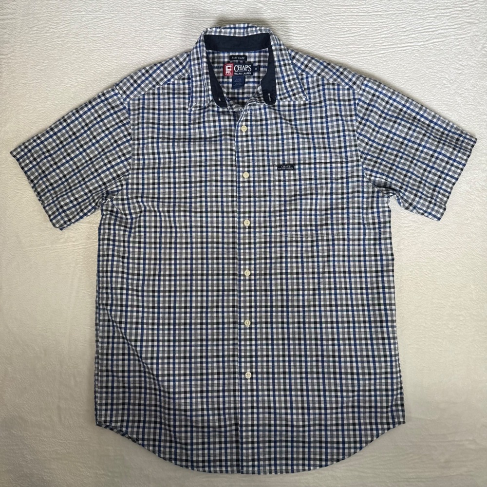 Chaps Ralph Lauren Mens Medium Blue Plaid Short Sleeve Easy Care Button Up Shirt